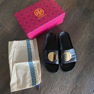 TORY BURCH PATOS BLACK SLIDE SANDALS  SIZE 8